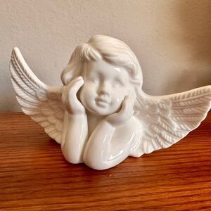 Vintage White Ceramic Cherub Angel Figurine - Hands on Face Winged Decor